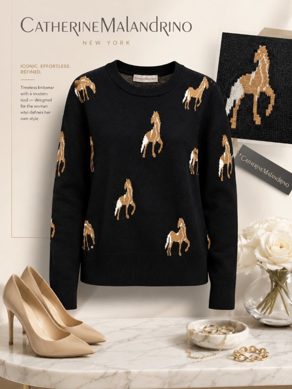 Catherine Malandrino Black Horse Intarsia Pullover Sweater Size M